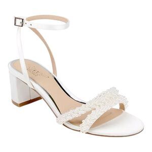 Jewel Badgley Mischka Ninnette Ivory Satin Block Heel Ankle Strap Sandals Size 8